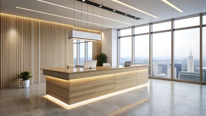 Canvas Print - Sleek and Minimalist Modern Reception Desk in the Heart of a Bright and Open Office  Generative AI