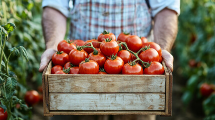 Wall Mural - A farmer holds a wooden box filled with ripe, organic tomatoes. These tomatoes are grown locally, following eco-friendly practices.