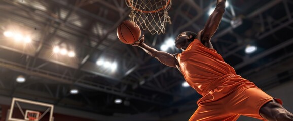 a basketball player in an orange uniform performs a slam dunk in a well-lit indoor arena, showcasing
