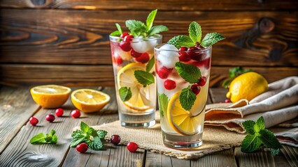 Poster - Summery Sips: A Vibrant Still Life of Lemon, Mint, and Cranberry Cocktails  AI generated