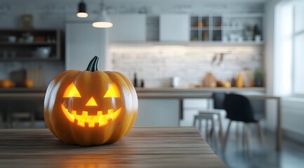 A Halloween pumpkin with carved jack o lantern face on wooden table in modern kitchen interior background, blurred