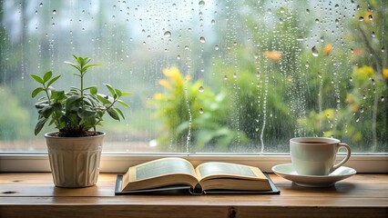 Wall Mural - Rainy Day Reflections: A Windowsill Still Life  AI Generated