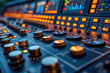 A close-up of an audio mixing board with glowing buttons and knobs