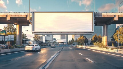 Urban highway with large blank billboard overhead, cars driving beneath elevated road structure at sunset, cityscape in background