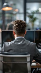 Poster - Young businessman in a rear perspective at a computer.