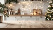 © Maria Mikhaylichenko - Festive kitchen countertop with wooden surface in focus, blurred background of Christmas decorations, twinkling lights, and cozy holiday ambiance.