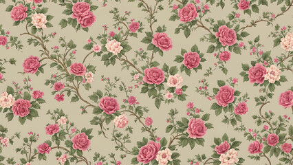  Vintage floral wallpaper: ornate pattern with antique roses and leaves, illustrated in elegant pink tones for spring and summer decor