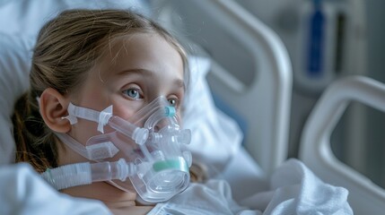 young patient in hospital bed wearing oxygen mask, eyes wide with concern. medical equipment visible