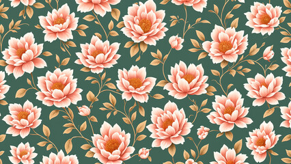 Vintage floral wallpaper: ornate pattern with antique roses and leaves, illustrated in elegant pink tones for spring and summer decor