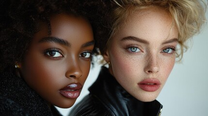 Close-up Portrait Head shot women young  two  models with different skin and hair colors. multiracil diverse  