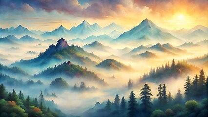 Sticker - Whispers of the Mountain: A Dreamy Tapestry of Mist and Peaks  generative AI