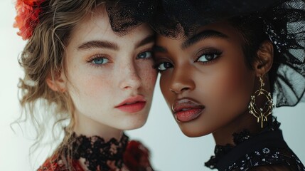 Close-up Portrait Head shot women young  two  models with different skin and hair colors. multiracil diverse  