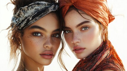 Close-up Portrait Head shot women young  two  models with different skin and hair colors. multiracil diverse  