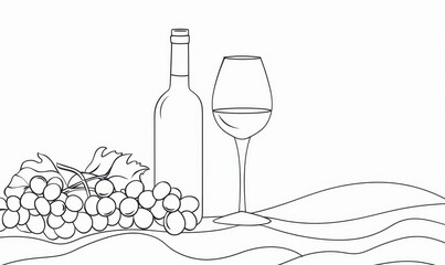 Wall Mural - One line drawing of wine bottle and glass with grapes, simple illustration minimalistic style on white background Generative AI