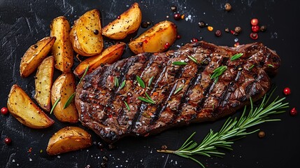 Wall Mural - Grilled Steak with Rosemary and Potato Wedges