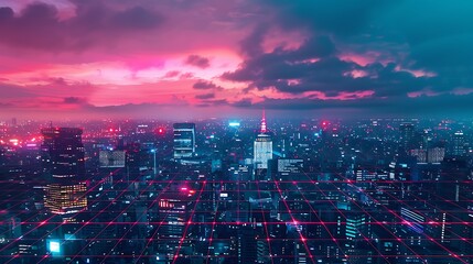 Poster - Futuristic Cityscape with Neon Grid Overlay.