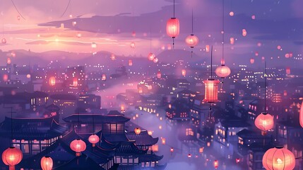 Wall Mural - Cityscape with Red Lanterns at Dusk.