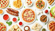 © Elmin - A variety of delicious foods, top view food plates collection. Grilled sausages, spring rolls, lasagna, strawberry ice cream, kofta, pepperoni pizza slice. Amazing fast food items, top view.