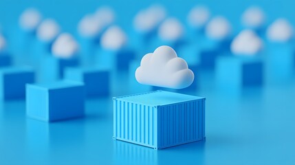 Poster - 3D cloud over a blue container symbolizing cloud computing, data storage, and modern technology. Blurred background for focus.