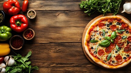 Sticker - Overhead shot of a delicious pizza and fresh ingredients on a wooden table, with space for text. Ideal for culinary and restaurant themes.