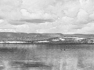 Clouds reflection in water background. Beautiful cumulus clouds reflected in the lake, nature wallpaper. Pencil drawn sketch illustration, sketchy draft