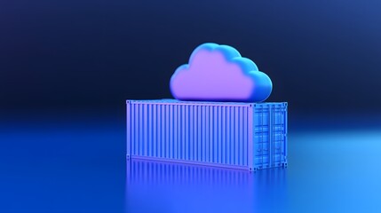 Poster - 3D illustration of a cloud sitting on a shipping container, representing cloud computing and data storage concepts with a blue background.