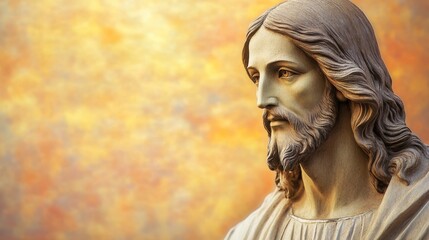 Wall Mural - A serene and detailed portrait of Jesus Christ illuminates with a warm-toned background, inviting reflection and contemplation of spiritual themes