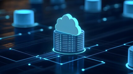 Poster - 3D illustration of cloud computing concept with a digital cloud symbol over a data server in a futuristic setting.