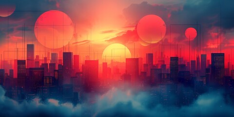 Wall Mural - Digital Artwork of Urban Skyline at Sunset