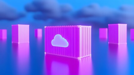 Poster - 3D illustration of cloud computing concept with pink containers and blue background, representing data storage and technological infrastructure.