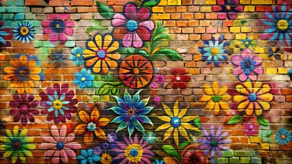 Poster - A Symphony of Colors and Textures: Abstract Floral Graffiti on Brick  Generative AI