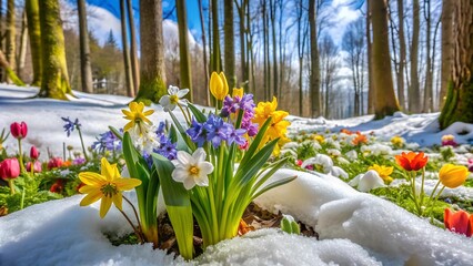 Canvas Print - A Burst of Color: Spring's Awakening in the Snow-Covered Forest  generative AI