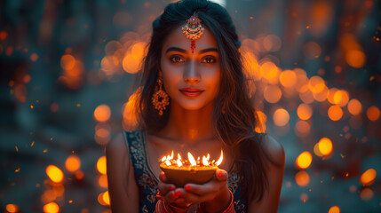 A woman holding lit diya lamp in hands. Diwali celebration Generative AI Illustrations.