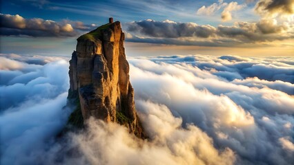 Poster - The Unshakable Foundation: A Stone Cliff Reaching Through the Clouds  generative AI