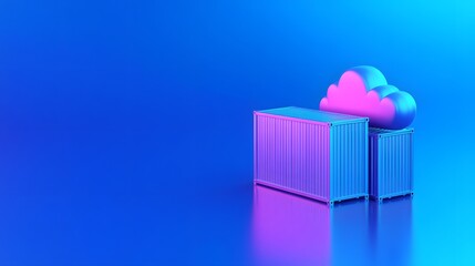 Poster - 3D illustration of container and cloud symbolizing cloud computing and data management against a blue gradient background.