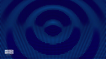 Poster - 3D Wavy Digital Particles Ripple Effect Abstract Geometric Blue Color Background. Audio Halftone Ripple Visualization. Digital Water Drop Waves Concept. Particles Vector Illustration. 3D Grid Surface.