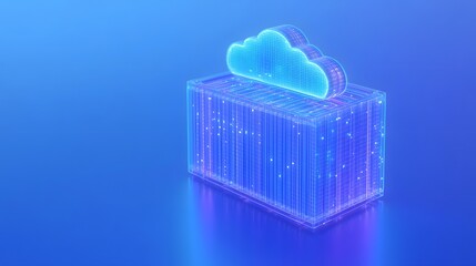 Poster - 3D rendering of a cloud server over a data container, symbolizing cloud computing, storage, and technology in a blue background.