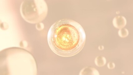 Poster - 3D animation Cosmetics many atoms floating in droplets. Collagen bubbles Design. Moisturizing Cream and Serum Concept. Vitamin for health care and beauty concept