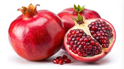 Fresh and juicy pomegranate fruit isolated on a white background with a single slice cut out, showcasing its vibrant seeds and intricate arils, with clipping path.