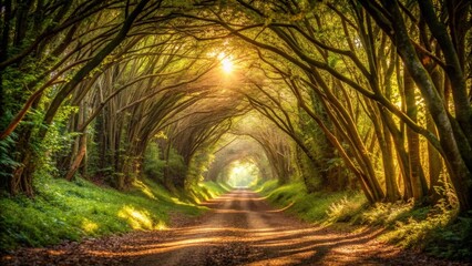 Wall Mural - Secluded forest tunnel with dappled sunlight creating intricate patterns on the ground , forest, tunnel, secluded