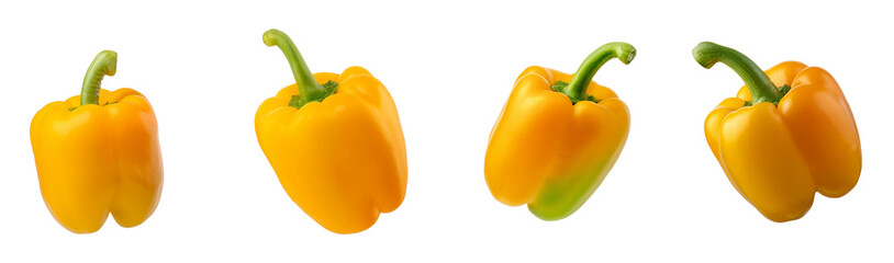 Wall Mural - Four fresh yellow bell peppers on a white background, showcasing vibrant colors and healthy produce in a visually appealing manner.