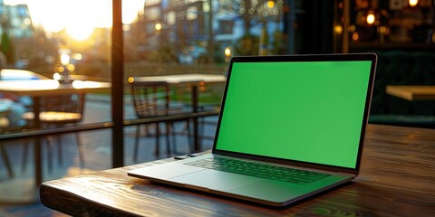 Wall Mural - An open laptop with a green screen on a wooden table inside a cafe,