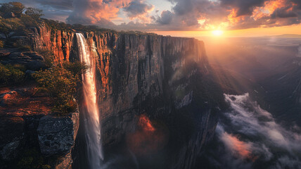 A box valley with a dramatic cliffside waterfall illuminated by the setting sun