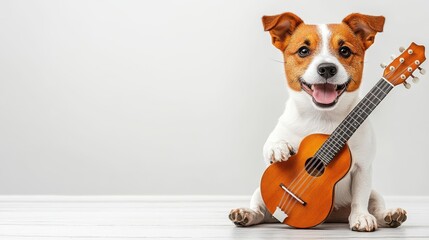 Wall Mural - A photo of a dog facetious playing a mandolin, isolated on a light grey background