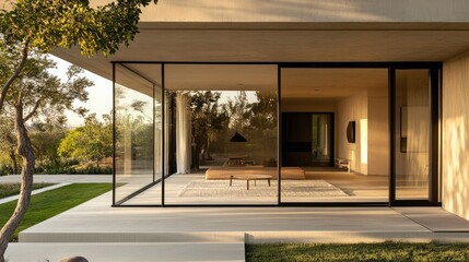 Exterior of a villa with a minimalist design and large glass doors, showcasing a seamless blend of indoor and outdoor spaces.