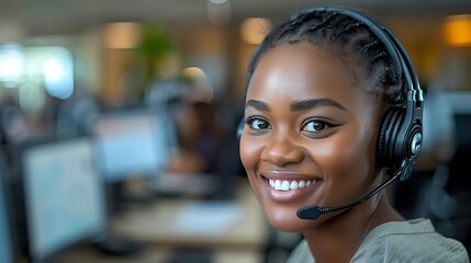 Wall Mural - A cheerful customer service agent, with a headset and a big smile, in a spacious call center. The background shows rows of desks and computers, emphasizing a bustling work environment.