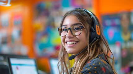 Canvas Print - A cheerful customer service representative, addressing a customer complaint over the phone in a colorful, vibrant office. The background includes motivational posters and lively decor,