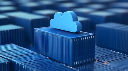 Poster - Blue cloud icon on shipping container symbolizing cloud computing technology and data storage solutions among other containers.