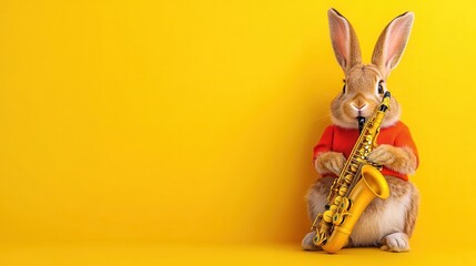 Wall Mural - A photo of a rabbit smiling playing a saxophone, isolated on a light yellow background