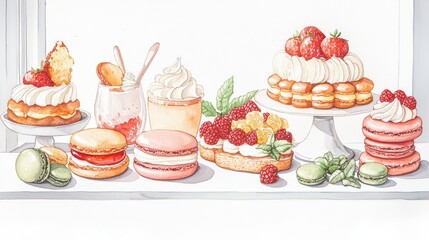 abstract watercolor depiction of a luxury dessert table with an array of pastries